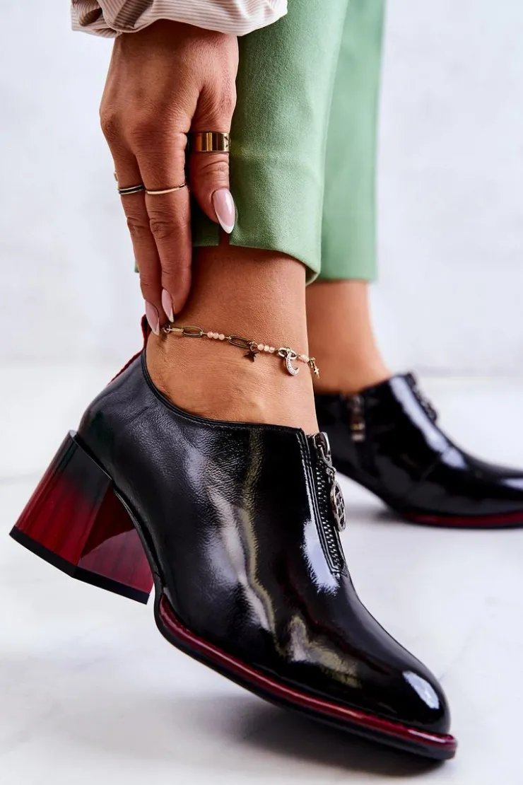 Damskie Damskie buty S.Barski Lakierowane Modne Półbuty Na Słupku Czarno-Czerwone Lorena