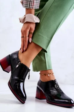 Damskie Damskie buty S.Barski Lakierowane Modne Półbuty Na Słupku Czarno-Czerwone Lorena