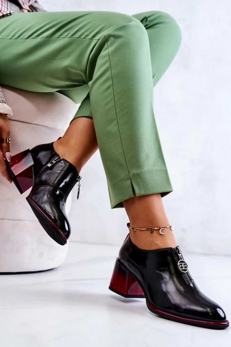 Damskie Damskie buty S.Barski Lakierowane Modne Półbuty Na Słupku Czarno-Czerwone Lorena