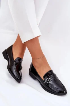 Clearance Boto Lakierowane Mokasyny Damskie Z Ozdobną Sprzączką Czarne Mollan