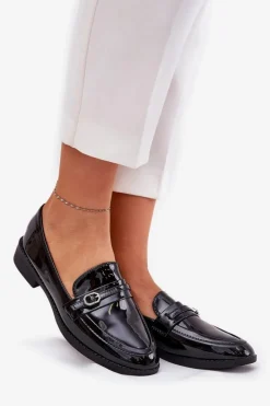 Clearance Boto Lakierowane Mokasyny Damskie Z Ozdobną Sprzączką Czarne Mollan