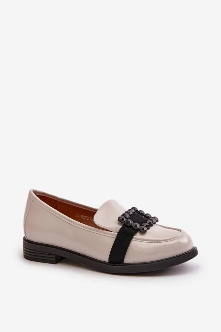 Buty damskie Vinceza Loafersy Damskie|Mokasyny Płaskie*Lakierowane Mokasyny Damskie Z Ozdobą Jasnoszare Vinceza 58389 Szary