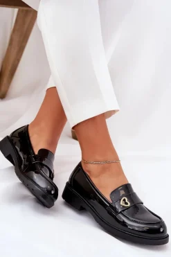 Damskie Damskie buty S.Barski Lakierowane Mokasyny Damskie Z Serduszkiem S.Barski HY51-379 Czarne