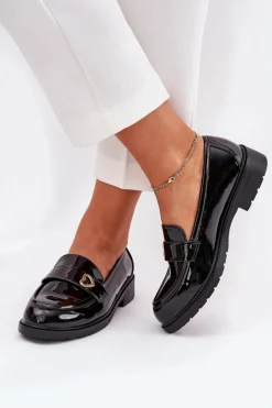 Damskie Damskie buty S.Barski Lakierowane Mokasyny Damskie Z Serduszkiem S.Barski HY51-379 Czarne