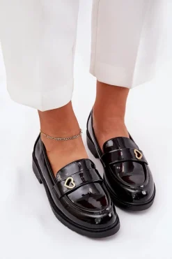 Damskie Damskie buty S.Barski Lakierowane Mokasyny Damskie Z Serduszkiem S.Barski HY51-379 Czarne