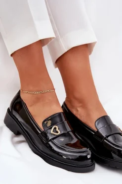 Damskie Damskie buty S.Barski Lakierowane Mokasyny Damskie Z Serduszkiem S.Barski HY51-379 Czarne