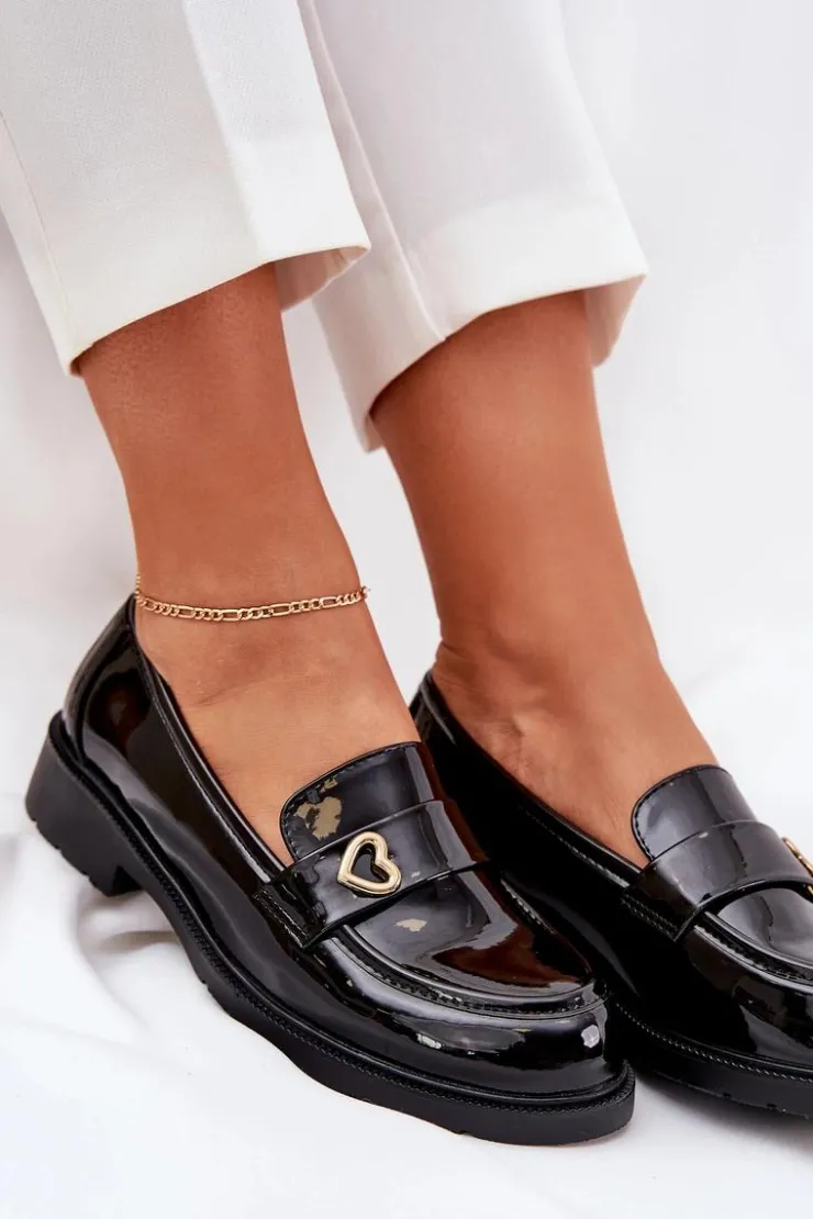Damskie Damskie buty S.Barski Lakierowane Mokasyny Damskie Z Serduszkiem S.Barski HY51-379 Czarne