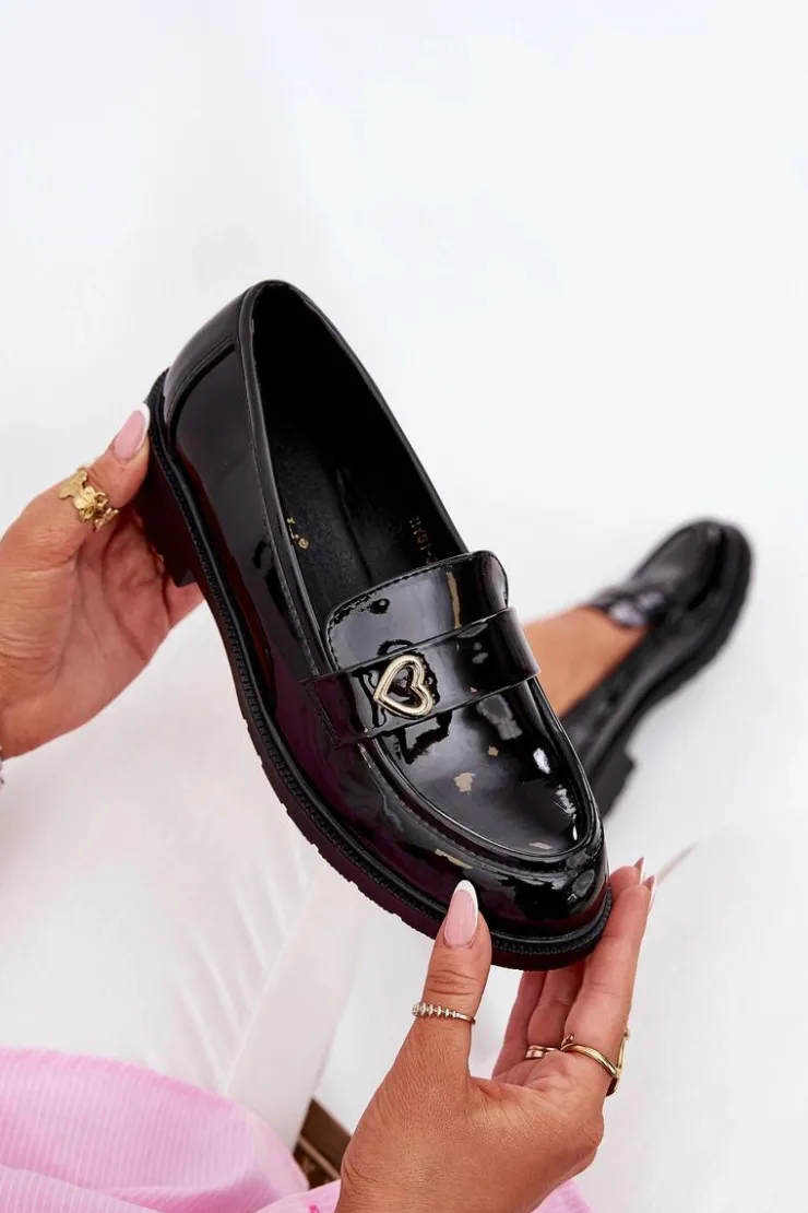 Damskie Damskie buty S.Barski Lakierowane Mokasyny Damskie Z Serduszkiem S.Barski HY51-379 Czarne
