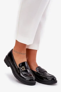Damskie Damskie buty S.Barski Lakierowane Mokasyny Damskie Z Serduszkiem S.Barski HY51-379 Czarne