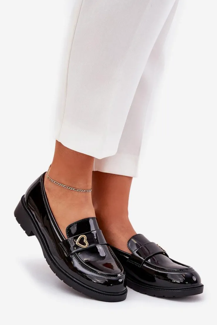 Damskie Damskie buty S.Barski Lakierowane Mokasyny Damskie Z Serduszkiem S.Barski HY51-379 Czarne