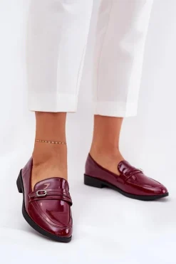 Sale Boto Lakierowane Mokasyny Damskie Z Ozdobną Sprzączką Bordowe Mollan