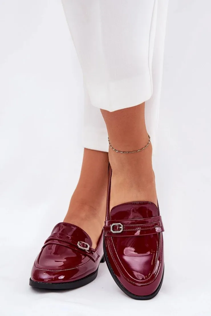 Sale Boto Lakierowane Mokasyny Damskie Z Ozdobną Sprzączką Bordowe Mollan