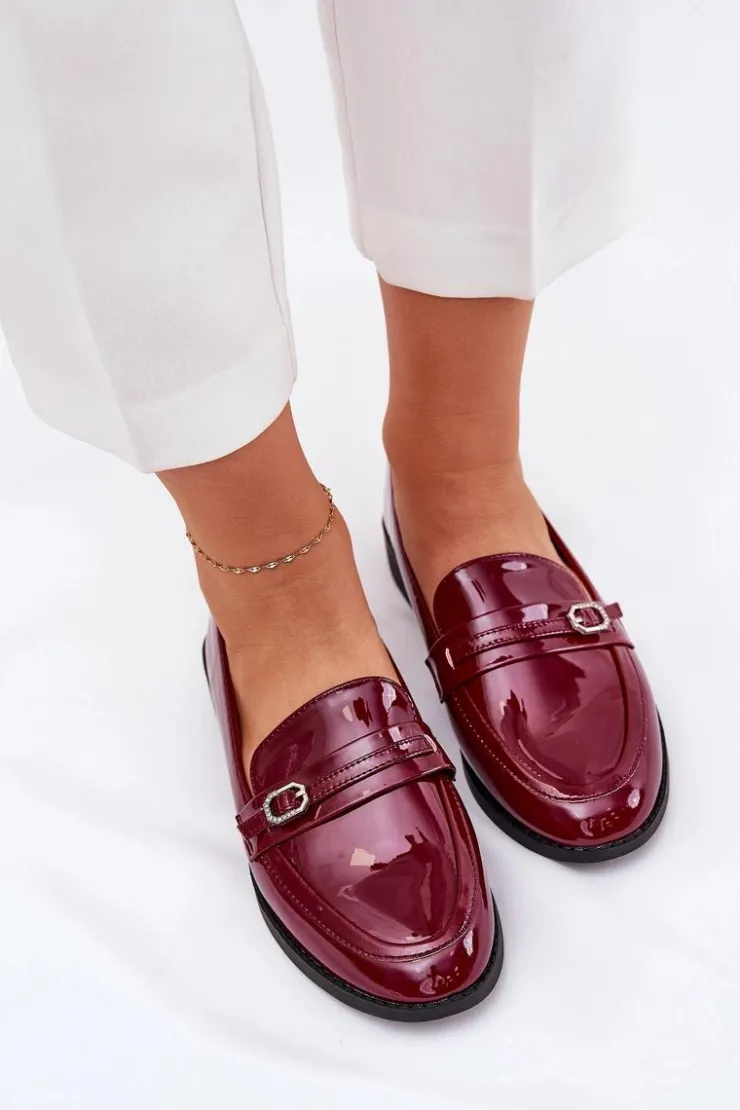 Sale Boto Lakierowane Mokasyny Damskie Z Ozdobną Sprzączką Bordowe Mollan