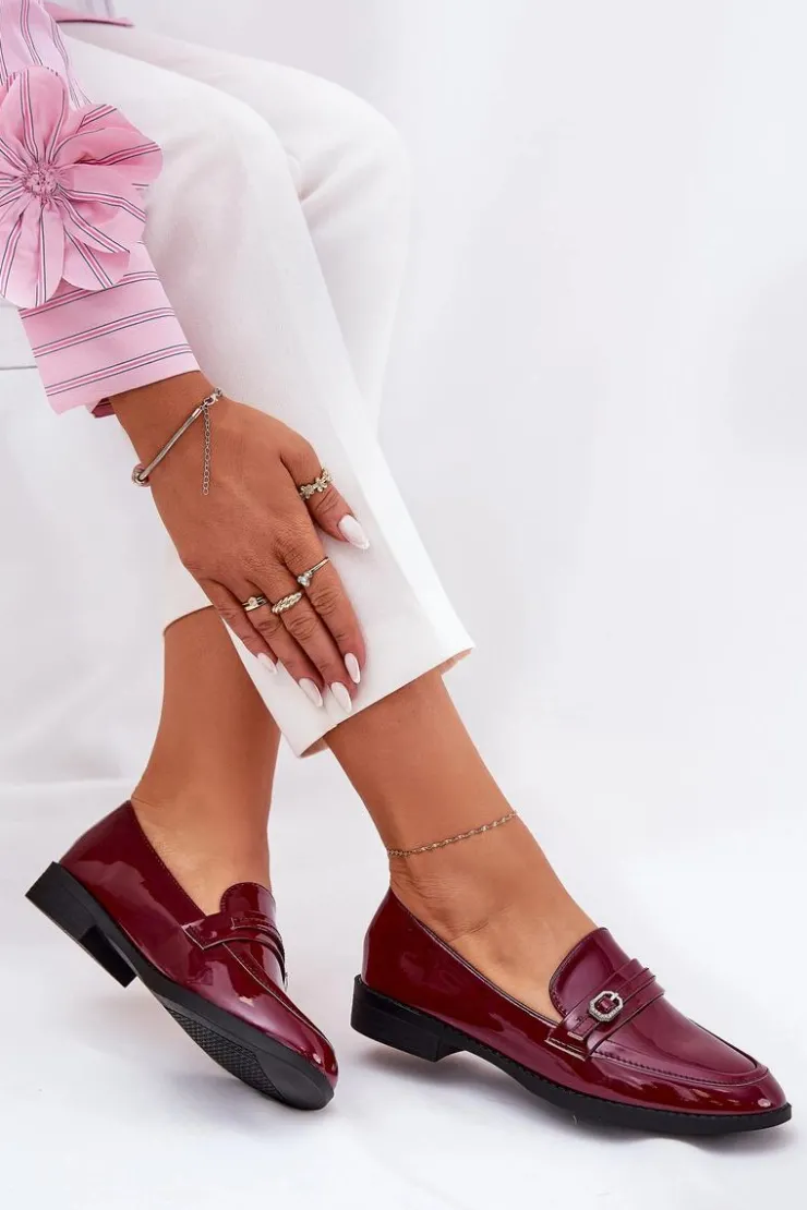 Sale Boto Lakierowane Mokasyny Damskie Z Ozdobną Sprzączką Bordowe Mollan