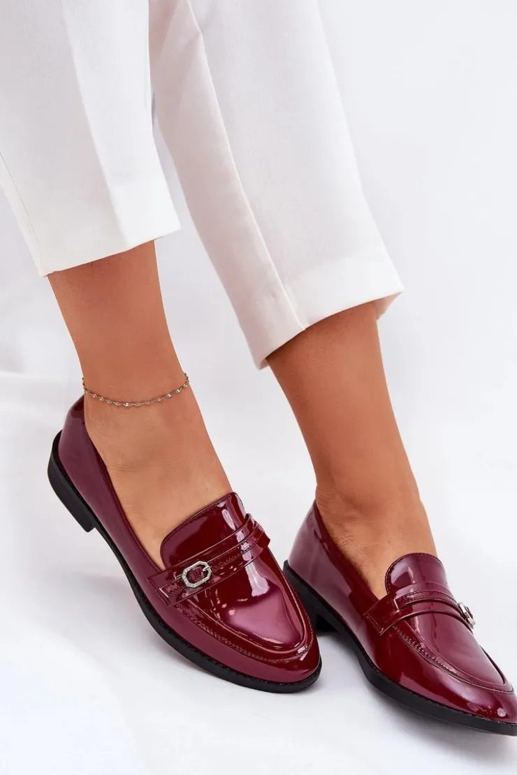 Sale Boto Lakierowane Mokasyny Damskie Z Ozdobną Sprzączką Bordowe Mollan