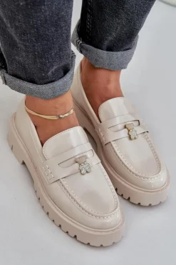 Damskie Boto Lakierowane Mokasyny Damskie Z Przypinką Miś Beżowe Wulinea