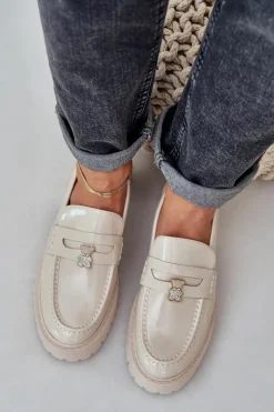 Damskie Boto Lakierowane Mokasyny Damskie Z Przypinką Miś Beżowe Wulinea