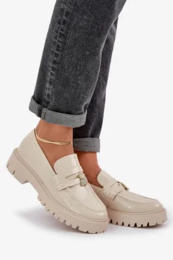 Damskie Boto Lakierowane Mokasyny Damskie Z Przypinką Miś Beżowe Wulinea