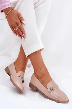 Damskie Boto Lakierowane Mokasyny Damskie Z Ozdobną Sprzączką Beżowe Mollan