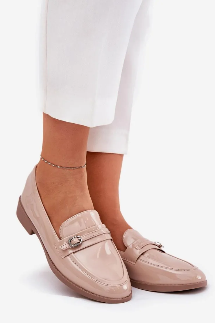 Damskie Boto Lakierowane Mokasyny Damskie Z Ozdobną Sprzączką Beżowe Mollan