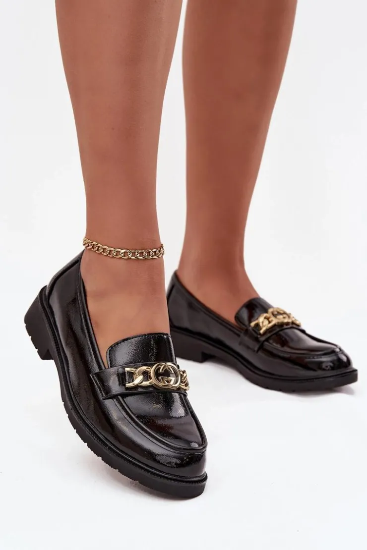 Sale D&A Lakierowane Mokasyny Damskie Ze Złotą Ozdobą S.Barski HY52-539 Czarne Czarny