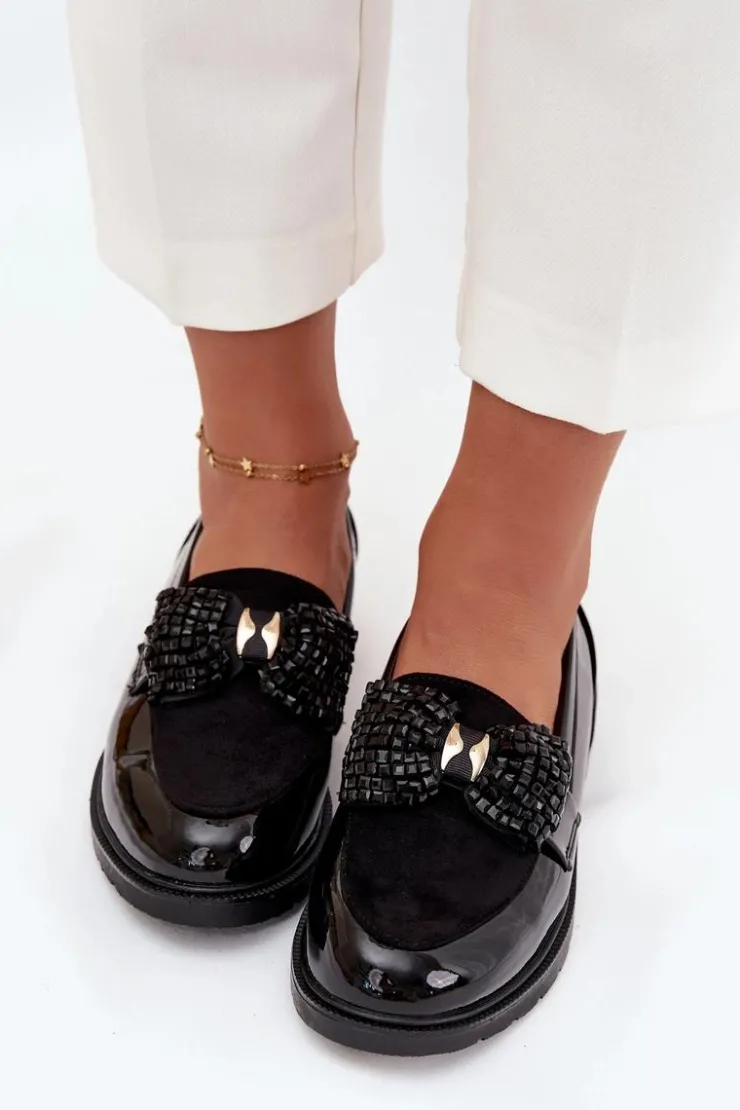 D&A Mokasyny Płaskie|Mokasyny Damskie Lakierowane*Lakierowane Mokasyny Damskie Z Kokardką S.Barski HY51-319 Czarne Czarny