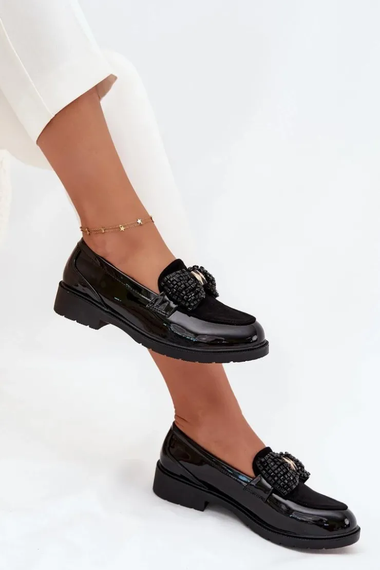 D&A Mokasyny Płaskie|Mokasyny Damskie Lakierowane*Lakierowane Mokasyny Damskie Z Kokardką S.Barski HY51-319 Czarne Czarny