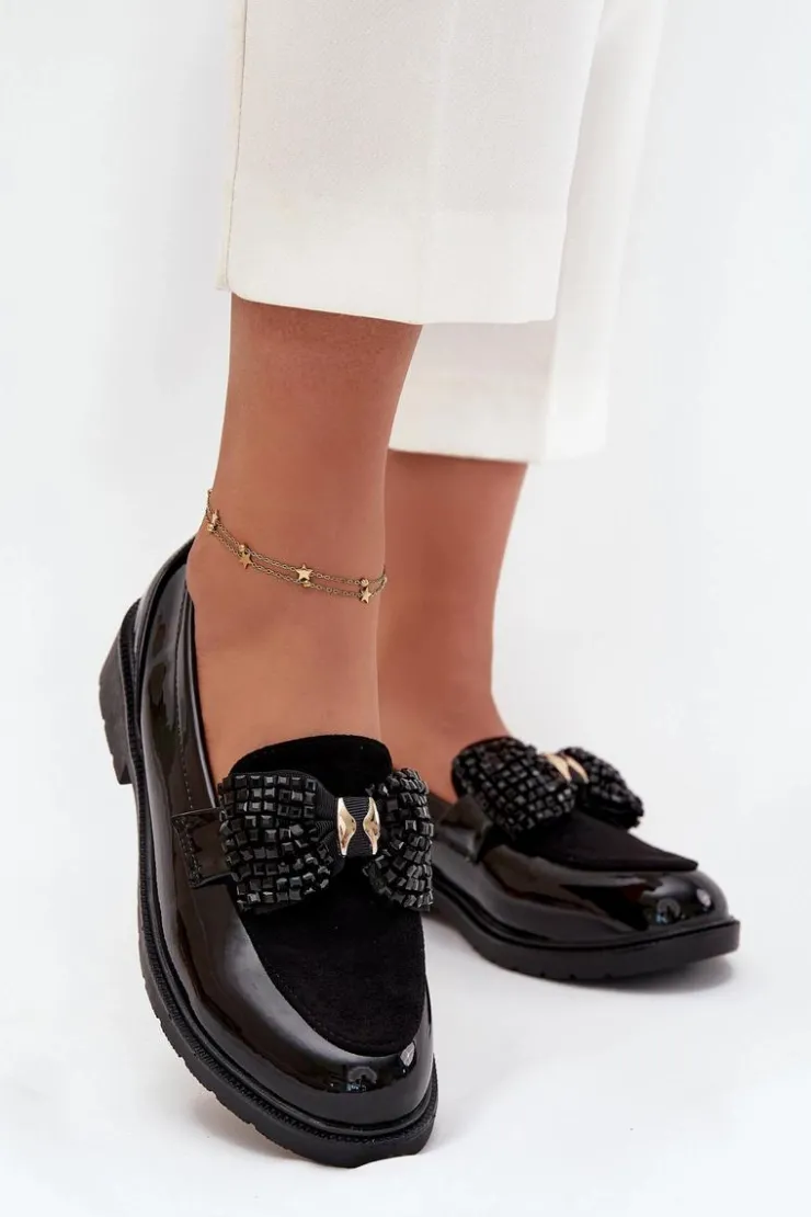 D&A Mokasyny Płaskie|Mokasyny Damskie Lakierowane*Lakierowane Mokasyny Damskie Z Kokardką S.Barski HY51-319 Czarne Czarny