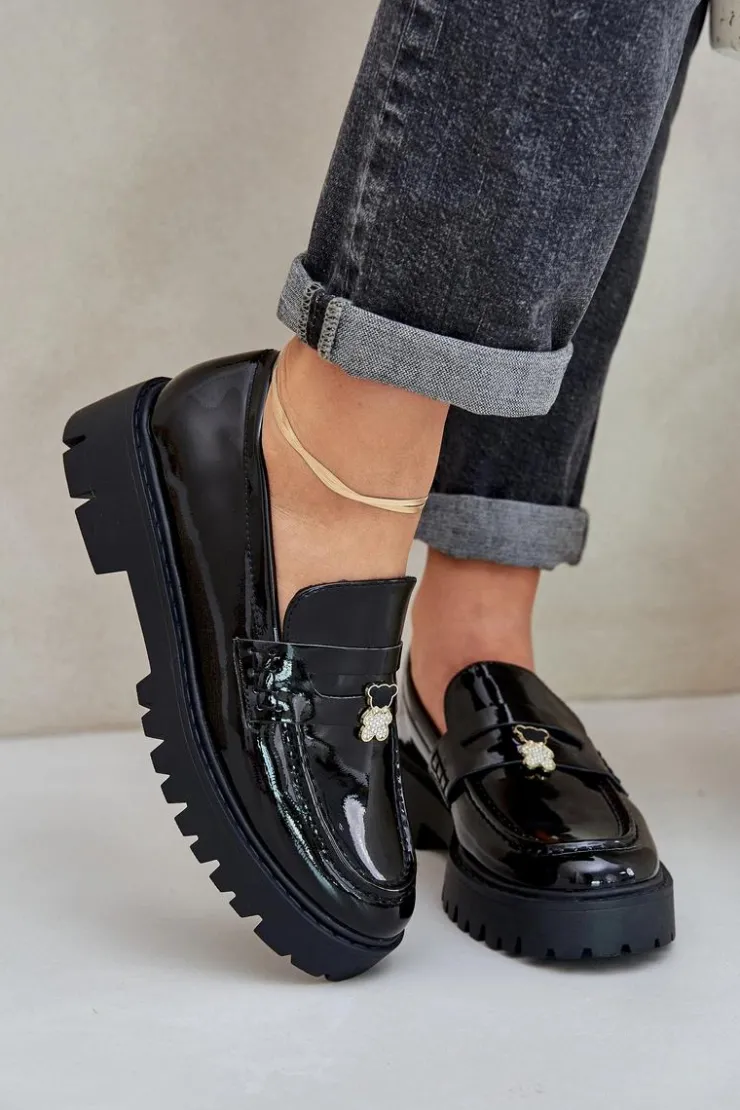 Boto Loafersy Damskie|Mokasyny Płaskie*Lakierowane Mokasyny Damskie Z Przypinką Miś Czarne Wulinea