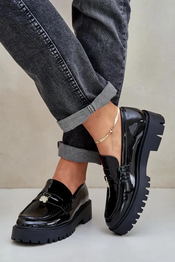 Boto Loafersy Damskie|Mokasyny Płaskie*Lakierowane Mokasyny Damskie Z Przypinką Miś Czarne Wulinea