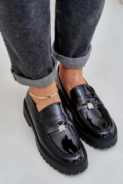 Boto Loafersy Damskie|Mokasyny Płaskie*Lakierowane Mokasyny Damskie Z Przypinką Miś Czarne Wulinea