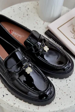 Boto Loafersy Damskie|Mokasyny Płaskie*Lakierowane Mokasyny Damskie Z Przypinką Miś Czarne Wulinea