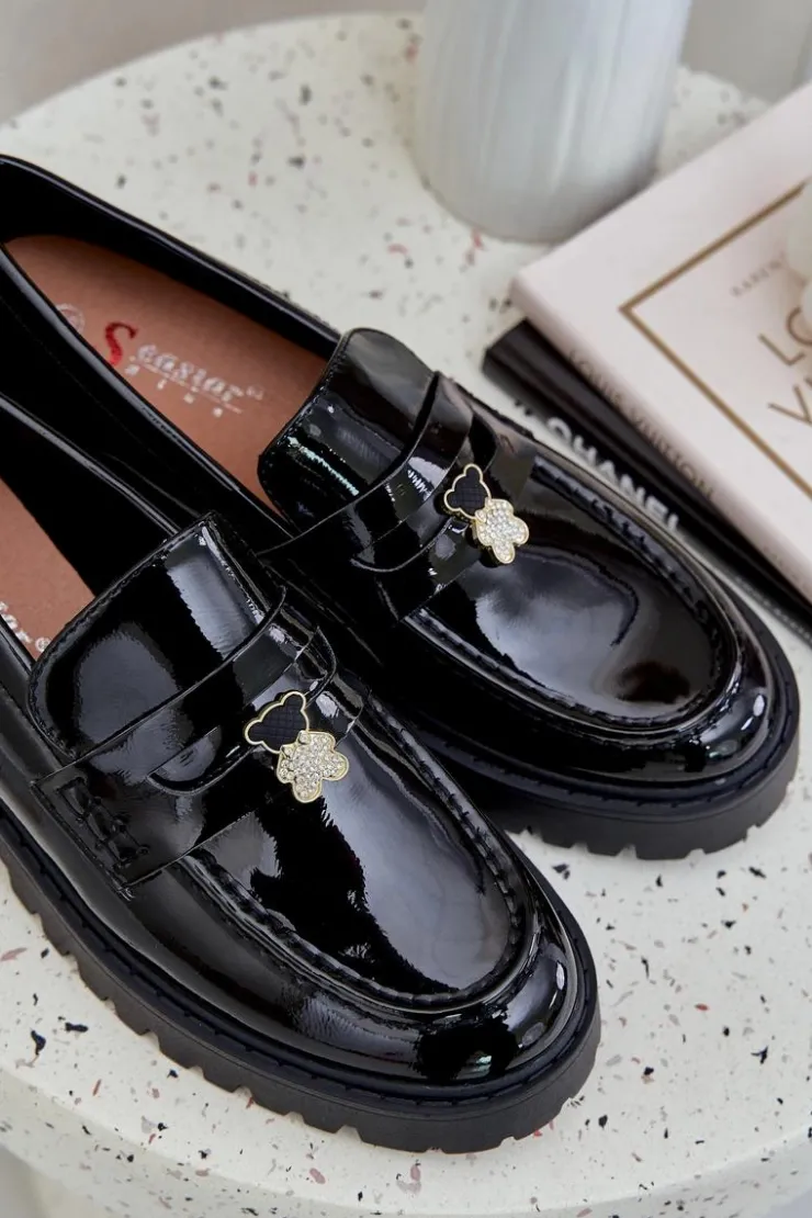 Boto Loafersy Damskie|Mokasyny Płaskie*Lakierowane Mokasyny Damskie Z Przypinką Miś Czarne Wulinea