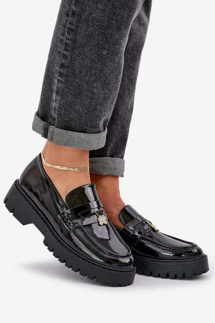 Boto Loafersy Damskie|Mokasyny Płaskie*Lakierowane Mokasyny Damskie Z Przypinką Miś Czarne Wulinea