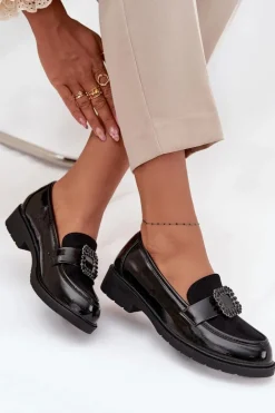 Clearance Damskie buty S.Barski Lakierowane Mokasyny Damskie Z Ozdobną Klamrą S.Barski HY52-546 Czarne