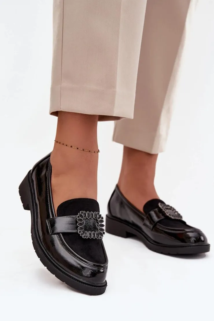 Clearance Damskie buty S.Barski Lakierowane Mokasyny Damskie Z Ozdobną Klamrą S.Barski HY52-546 Czarne