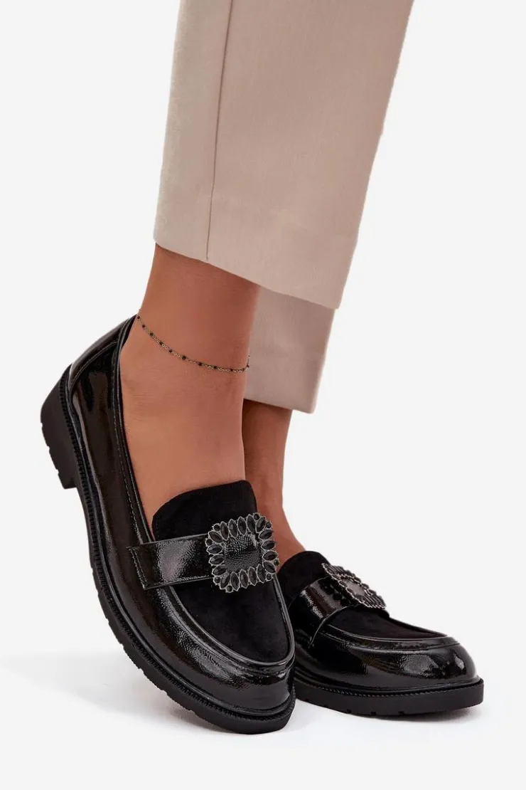 Clearance Damskie buty S.Barski Lakierowane Mokasyny Damskie Z Ozdobną Klamrą S.Barski HY52-546 Czarne