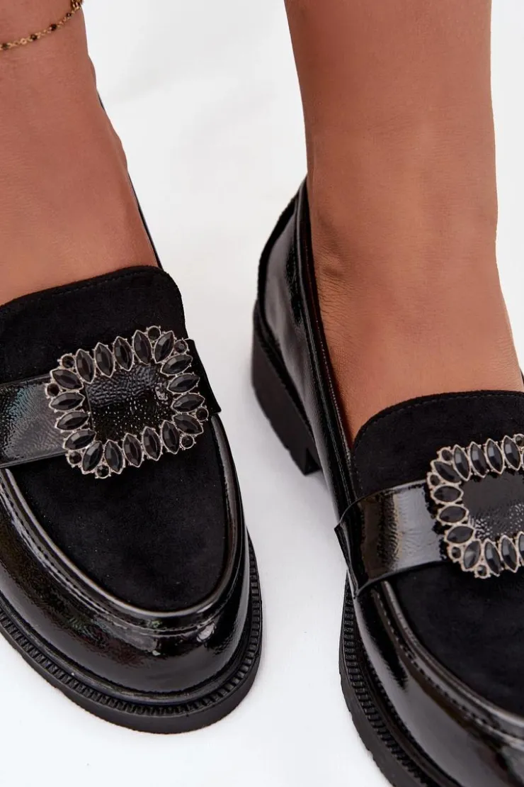 Clearance Damskie buty S.Barski Lakierowane Mokasyny Damskie Z Ozdobną Klamrą S.Barski HY52-546 Czarne