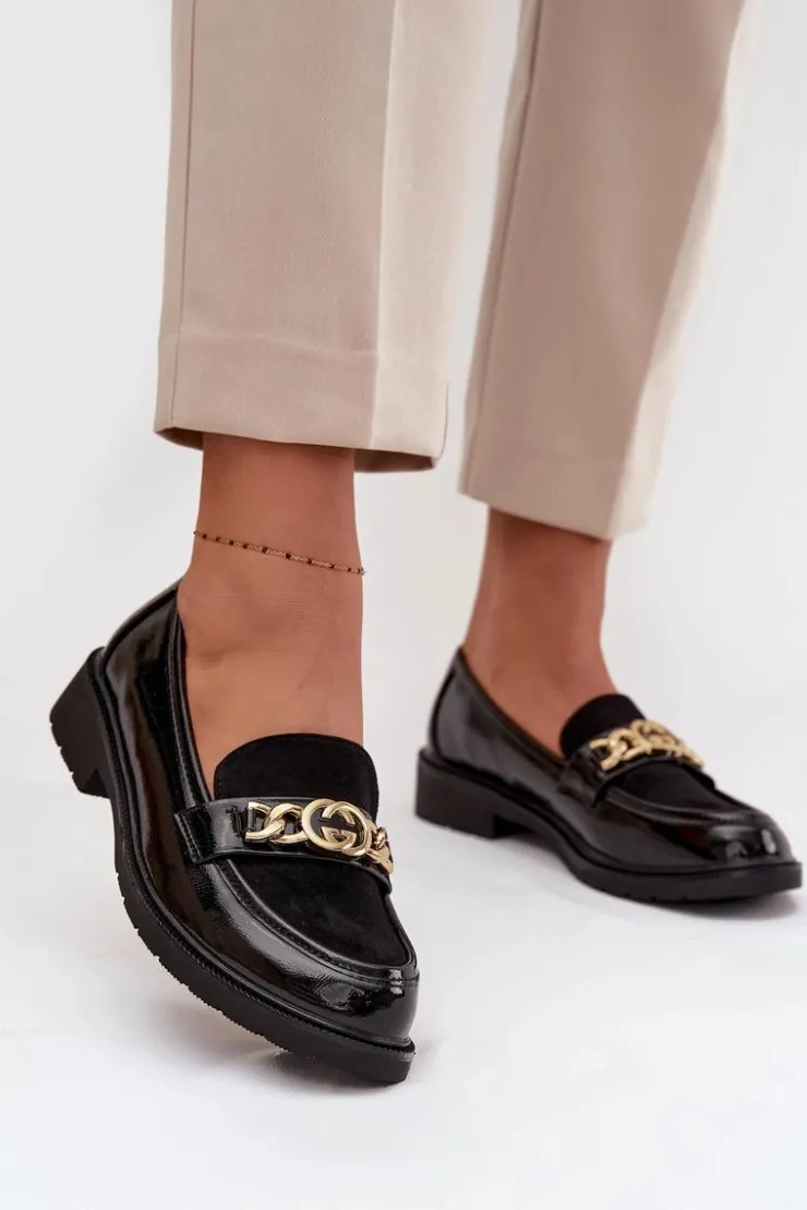 Damskie D&A Lakierowane Mokasyny Damskie Ze Złotą Ozdobą S.Barski HY52-540 Czarne