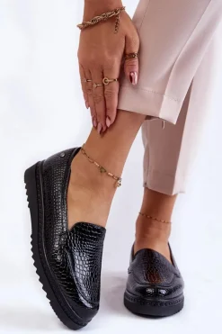 Buty damskie Vinceza Lakierowane Mokasyny Krokodyli Wzór Na Platformie Czarne Diane