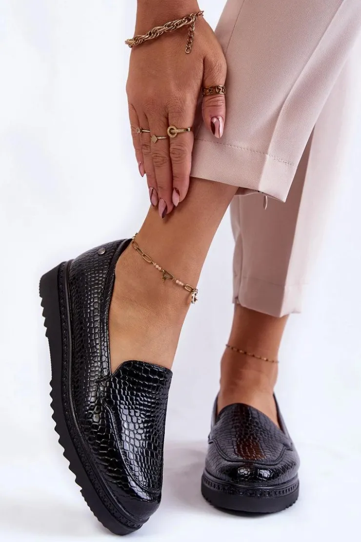 Buty damskie Vinceza Lakierowane Mokasyny Krokodyli Wzór Na Platformie Czarne Diane