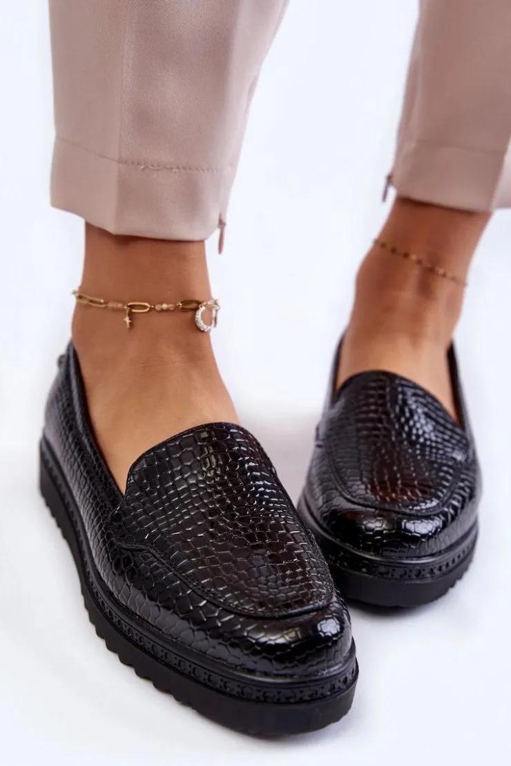 Buty damskie Vinceza Lakierowane Mokasyny Krokodyli Wzór Na Platformie Czarne Diane