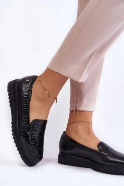 Buty damskie Vinceza Lakierowane Mokasyny Krokodyli Wzór Na Platformie Czarne Diane