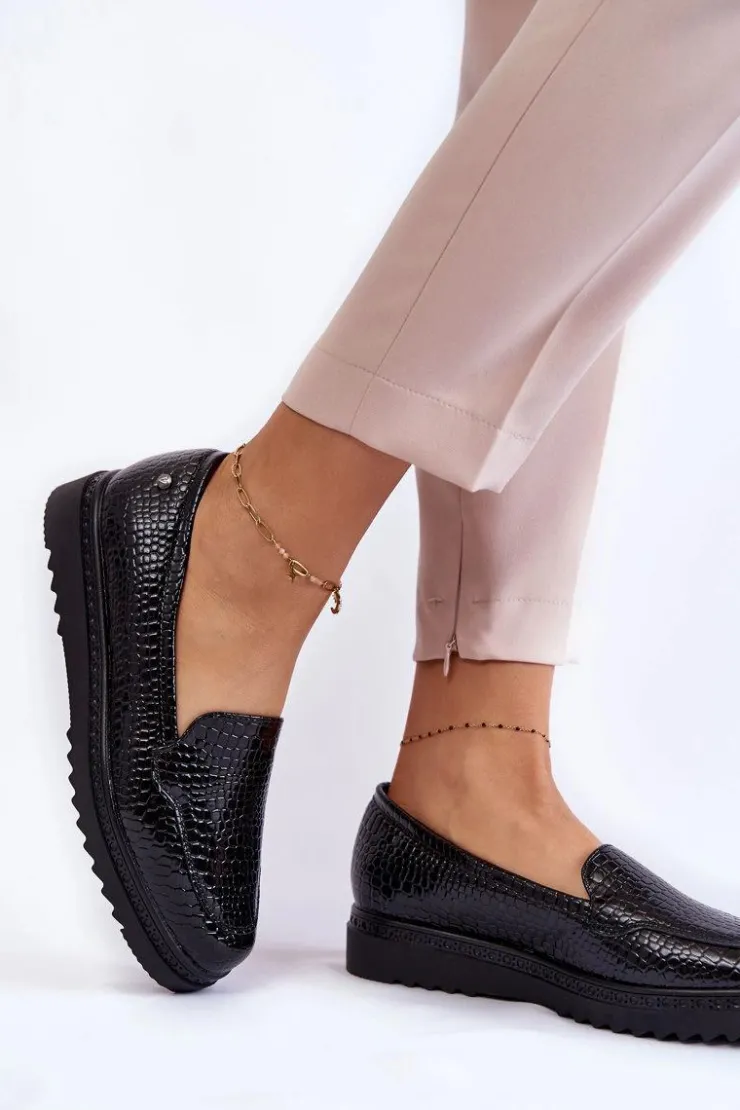 Buty damskie Vinceza Lakierowane Mokasyny Krokodyli Wzór Na Platformie Czarne Diane