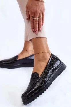 Buty damskie Vinceza Lakierowane Mokasyny Krokodyli Wzór Na Platformie Czarne Diane