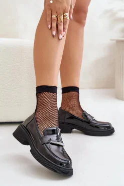 Outlet Damskie buty S.Barski Lakierowane Mokasyny Loafersy Damskie Z Ozdobą D&A LZ42-031 Czarne