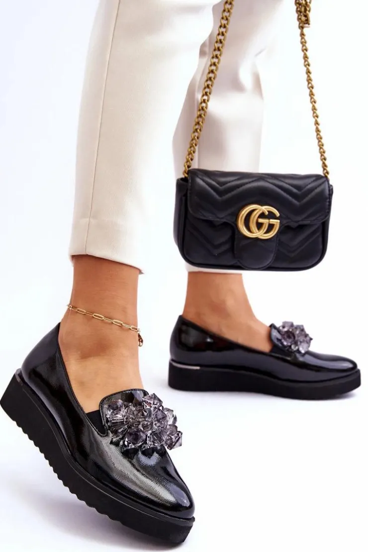 Damskie Buty damskie Vinceza Lakierowane Mokasyny Na Koturnie Z Kryształkami Czarne Loresa