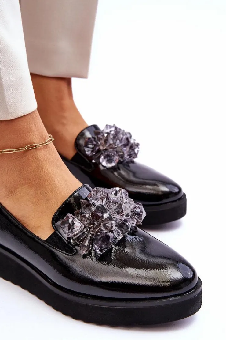 Damskie Buty damskie Vinceza Lakierowane Mokasyny Na Koturnie Z Kryształkami Czarne Loresa