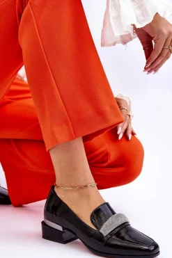 Damskie Damskie buty S.Barski Lakierowane Mokasyny Na Obcasie Z Cyrkoniami Czarne Lavern