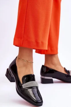 Damskie Damskie buty S.Barski Lakierowane Mokasyny Na Obcasie Z Cyrkoniami Czarne Lavern